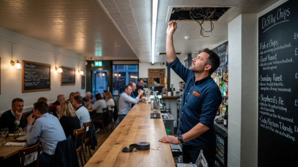 Venue manager adjusting LED fixture in restaurant